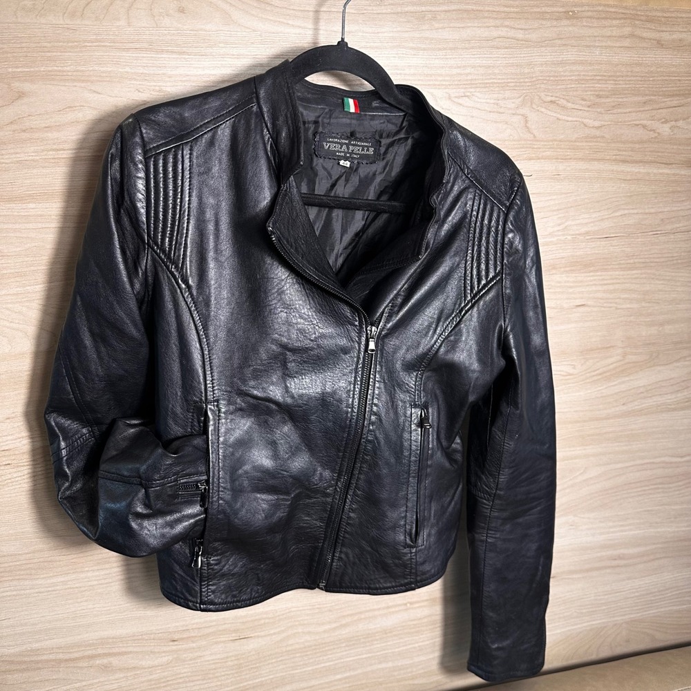 Vera Pelle Black Italian Leather Moto Jacket Women Small Ribbed Detail Soft